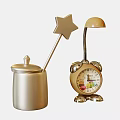 Vintage Golden Alarm Clock With Star Shaped Decor And Lidded Container 3d model