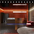 Elegant Modern Hotel Lobby Interior With Wooden Panel Walls Red Sculpture And Ambient Lighting