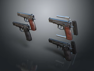 Multiple Classic Pistols With Wooden Grips And Detachable Magazines On Dark Background 3d model