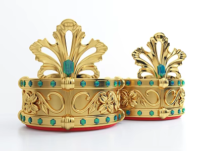 Exquisite Golden Crown Jewelry With Intricate Floral Patterns Green Gemstones And Red Base 3d model