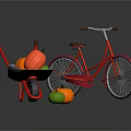 Red Bicycle with Wheelbarrow and Colorful Pumpkins on Black Surface