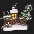 Cartoon Christmas Train Scene With Snowman Pine Tree And Snow Covered Roof