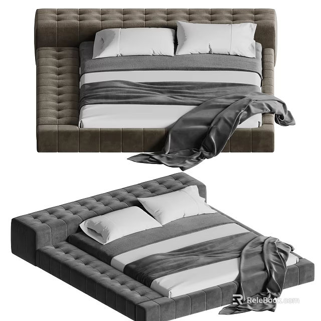 Modern Double Bed With Tufted Headboard Gray White Striped Bedding And Gray Blanket 3d model 
