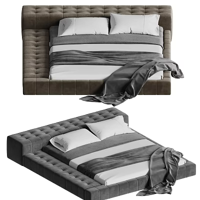Modern Double Bed With Tufted Headboard Gray White Striped Bedding And Gray Blanket 3d model