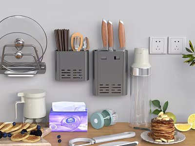 Wall Mounted Kitchenware Set With Knife Block Chopstick Holder Blender And Coffee Maker On Countertop 3d model