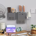 Wall Mounted Kitchenware Set With Knife Block Chopstick Holder Blender And Coffee Maker On Countertop 3d model