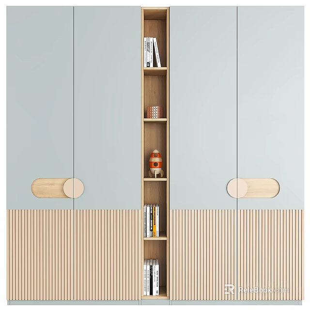Modern Wardrobe Interior Design With Open Shelves Wooden Panels And Round Handles 3d model 