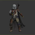 Game And Movie Character Wearing Mandalorian Style Armor With Helmet Red Brown Cloak And Weapon