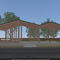 Wooden Pergola With Sloped Roof In Community Area Surrounded By Trees And Rest Benches