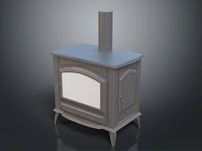 Vintage Gray Stove With Chimney Glass Door And Wooden Frame For Home Use 3d model
