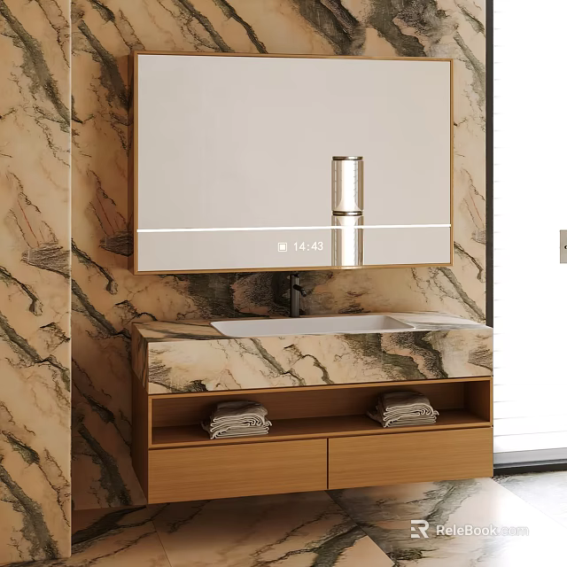 Marble Textured Bathroom Vanity with Wooden Cabinet Mirror Above and Towels on Shelf 3d model 