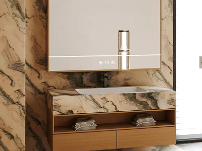 Marble Textured Bathroom Vanity with Wooden Cabinet Mirror Above and Towels on Shelf 3d model
