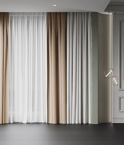 Modern Curtains In Room Interior With Sheer Fabric Solid Textures And Neutral Colors 3d model