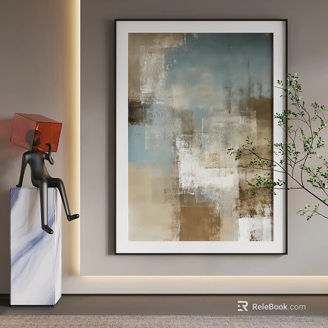 Abstract Painting With Soft Blue Brown Tones Framed On Light Wall In Modern Interior Decor 3d model 