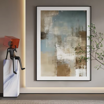 Abstract Painting With Soft Blue Brown Tones Framed On Light Wall In Modern Interior Decor 3d model