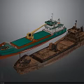 Water Vessels Modern Cargo Ship With Green Red Hull Yellow Crane And Rusty Barge