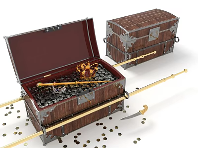Jeweled Crown In Open Wooden Chest With Burning Flame And Gold Coins 3d model