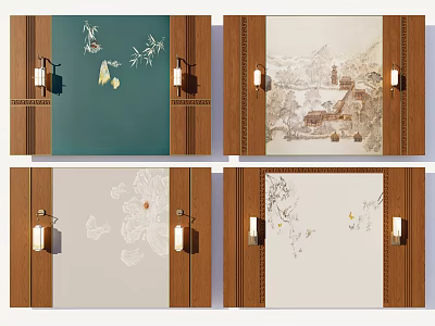 Chinese Style Background Wall Designs With Floral Landscape Patterns Wooden Frames And Wall Lamps 3d model
