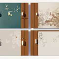Chinese Style Background Wall Designs With Floral Landscape Patterns Wooden Frames And Wall Lamps