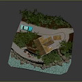 Seaside Cottage With White Walls Yellow Roof Green Trees Rocky Shore And Blue Water
