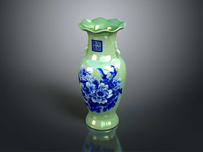 Green Ceramic Vase With Blue Peony Floral Patterns And Ruffled Rim Design 3d model