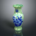 Green Ceramic Vase With Blue Peony Floral Patterns And Ruffled Rim Design