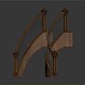 Ornate Curved Staircase Railing With Wooden Treads And Metal Balusters