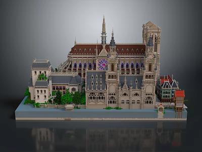 Detailed Gothic Architectural Model Featuring Spires Towers Stained Glass Windows And Greenery 3d model