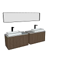 Modern Ribbed Wooden Bathroom Vanity Cabinets With Double White Sinks Gold Faucets And Lighted Mirror