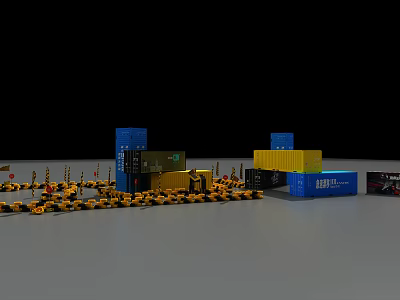 Colorful Shipping Containers With Yellow Toy Cars And Orange Traffic Cones On Black Background 3d model