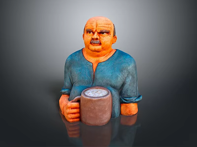 Portly Man Figurine Wearing Blue Shirt Holding Brown Graduated Mug on Gray Background 3d model