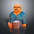 Portly Man Figurine Wearing Blue Shirt Holding Brown Graduated Mug on Gray Background