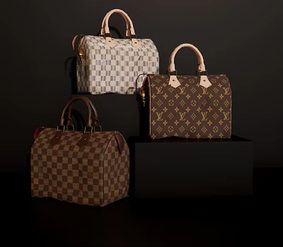 Luxury Designer Luggage Collection With Checkerboard Monogram Patterns Leather Handles And Structured Shapes 3d model
