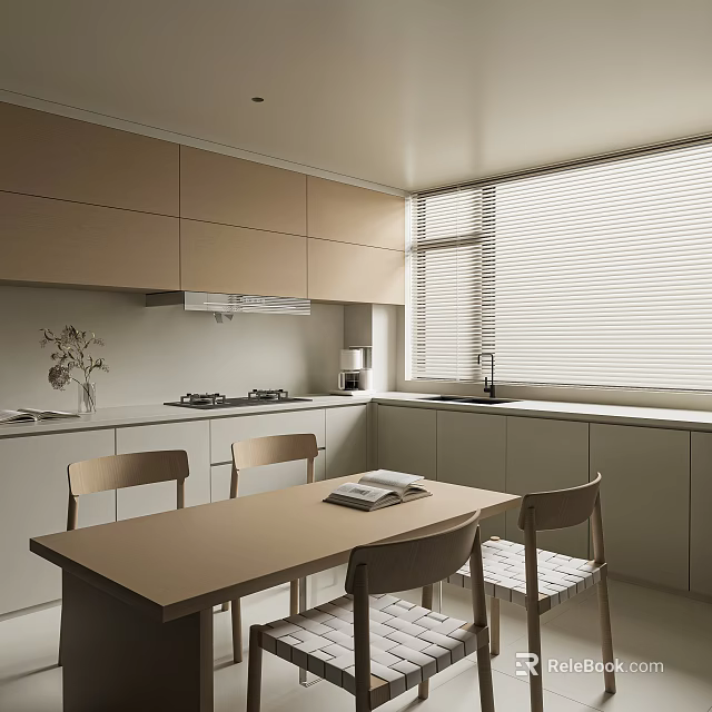 Modern Kitchen Interior Design With Beige Cabinets Dining Table Chairs And Window Blinds 3d model