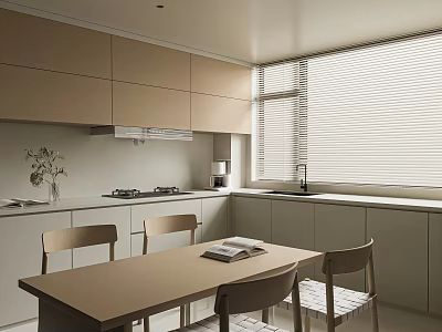 Modern Kitchen Interior Design With Beige Cabinets Dining Table Chairs And Window Blinds 3d model