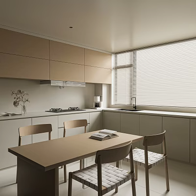 Modern Kitchen Interior Design With Beige Cabinets Dining Table Chairs And Window Blinds 3d model