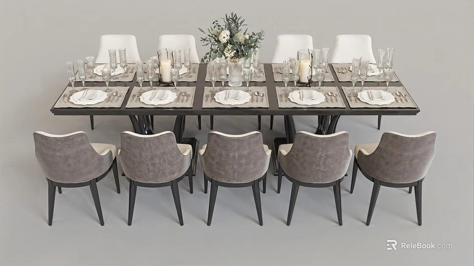 Modern Dining Table Set With Gray Upholstered Chairs Tableware And Floral Centerpiece 3d model 