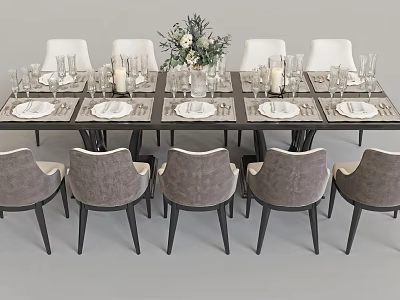 Modern Dining Table Set With Gray Upholstered Chairs Tableware And Floral Centerpiece 3d model