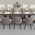 Modern Dining Table Set With Gray Upholstered Chairs Tableware And Floral Centerpiece