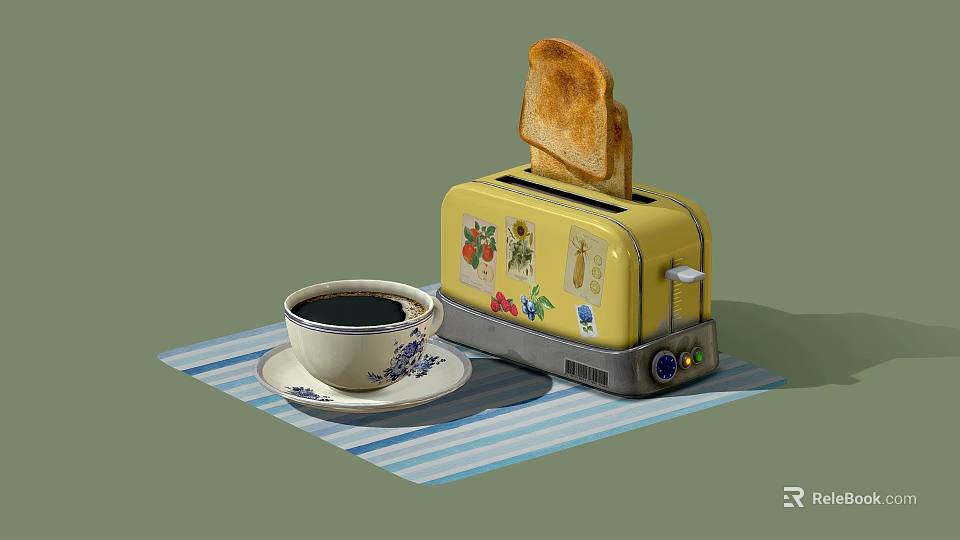Yellow Kitchen Appliance Toaster with Decorative Patterns Toast and Coffee Cup on Striped Placemat 3d model 