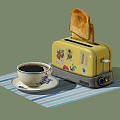 Yellow Kitchen Appliance Toaster with Decorative Patterns Toast and Coffee Cup on Striped Placemat