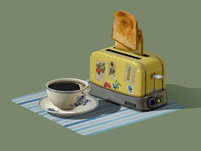 Yellow Kitchen Appliance Toaster with Decorative Patterns Toast and Coffee Cup on Striped Placemat 3d model