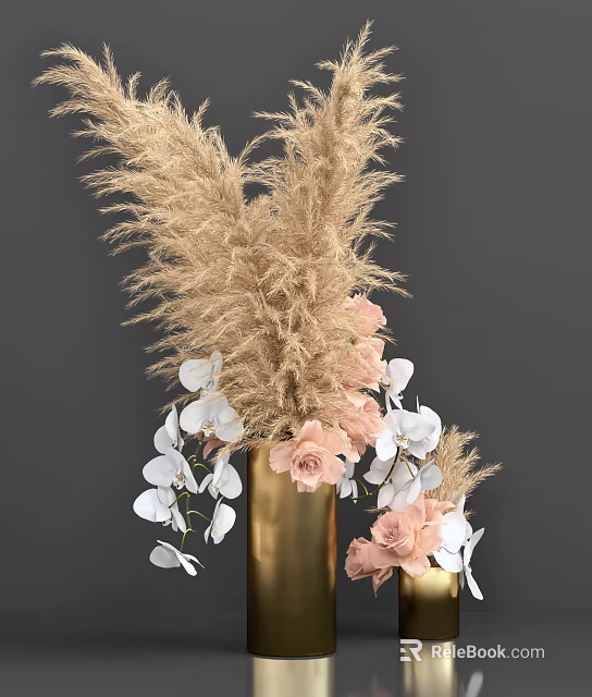 Elegant Golden Vase With Pampas Grass Pink Flowers And White Orchids On Gray Background 3d model 