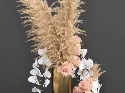 Elegant Golden Vase With Pampas Grass Pink Flowers And White Orchids On Gray Background 3d model