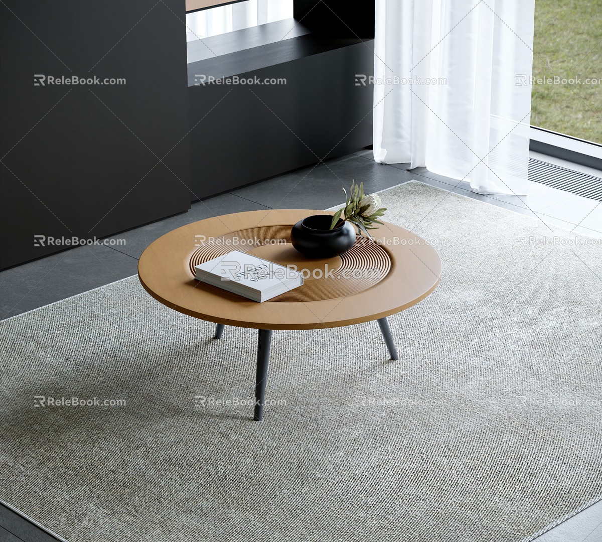 Modern Coffee Table Round Coffee Table Solid Wood Coffee Table Coffee Table Ornaments Texted Carpet 3d model