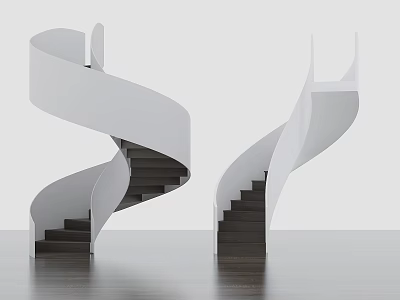 Two Modern Spiral Staircases Featuring White Design And Black Treads Indoor 3d model