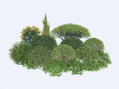 Various Lush Green Shrubs With Different Shapes Dense Foliage And Yellow Flowers 3d model