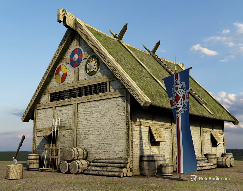 Medieval Building With Thatched Roof Stone Walls Shields Axe Barrels And Flag 3d model 