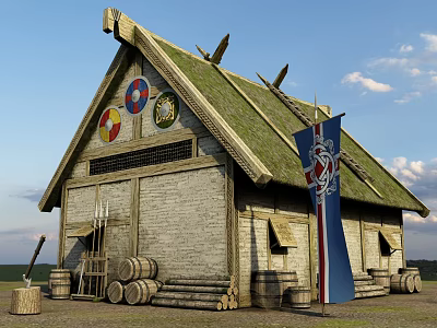 Medieval Building With Thatched Roof Stone Walls Shields Axe Barrels And Flag 3d model