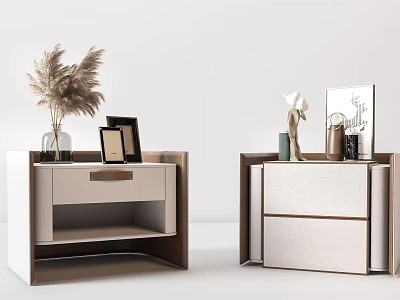 Pair of Modern Wooden Nightstands With Pampas Grass Vase Photo Frames And Sculpture 3d model